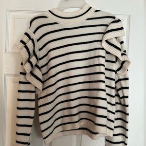 JODIFL Cream and Black Striped Ruffle Shoulder Turtleneck Sweater